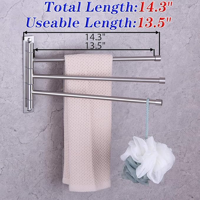 GERZWY Bath Towel Holder Swing Out Towel Bar SUS 304 Stainless Steel Bathroom Hand Towel Rack 3-Bar Folding Arm Swivel Hanger Wall Mount Brushed Finish HYG03-LS