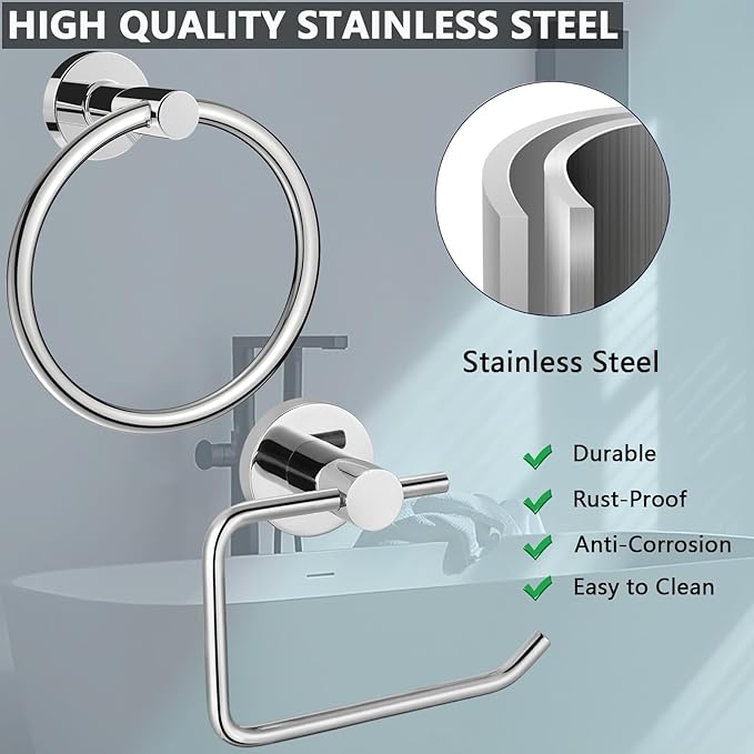 Towel Ring and Toilet Paper Holder Set, Stainless Steel Bath Towel Hanger and Tissue Roll Holders, Bathroom Hardware Accessories Wall Mounted 2 Pieces (Polished Chrome)