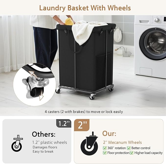 150L Large Laundry Basket with Wheels, Rolling Laundry Hamper with Removable Laundry Bag & Metal Frame, Oxford Fabric Dirty Clothes Hampers for Bedroom, Laundry Room, Bathroom, Dorm(Black)