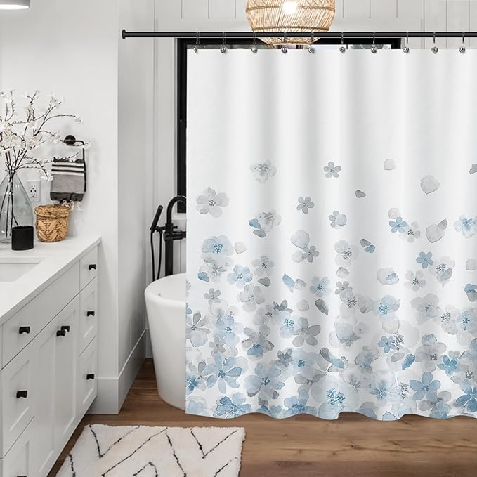Sunlit Design Extra Long Simple Style Blue and Gray Flower Blossoms Fabric Shower Curtains for Bathroom Decor with White Background