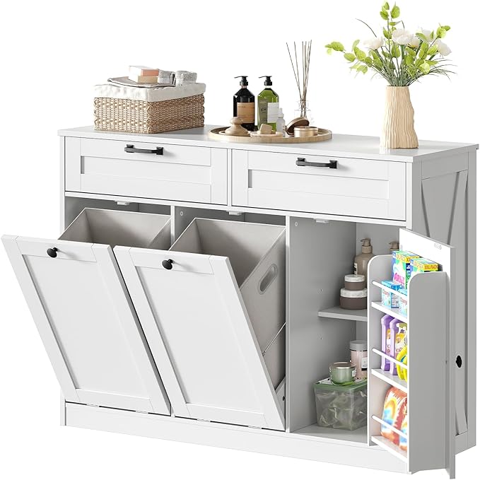 Double Tilt Out Laundry Hamper Cabinet, 43.3" Laundry Cabinet with 2 Removable Baskets, Farmhouse Wooden Hidden Trash Bin Cabinet with Open Shelving, for Bathroom, White