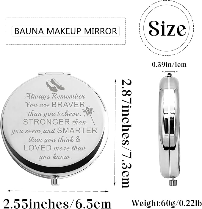 BAUNA Always Remember You are Braver Than You Believe Inspirational Pocket Makeup Mirror for Women (W Mirror Steel Color)