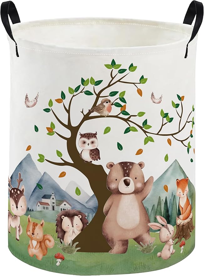 Kids Laundry Basket Animal Hamper for Nursery Woodland Hamper Cute Kids Storage Bin Organizer Room Decor for Home(Tree animal)