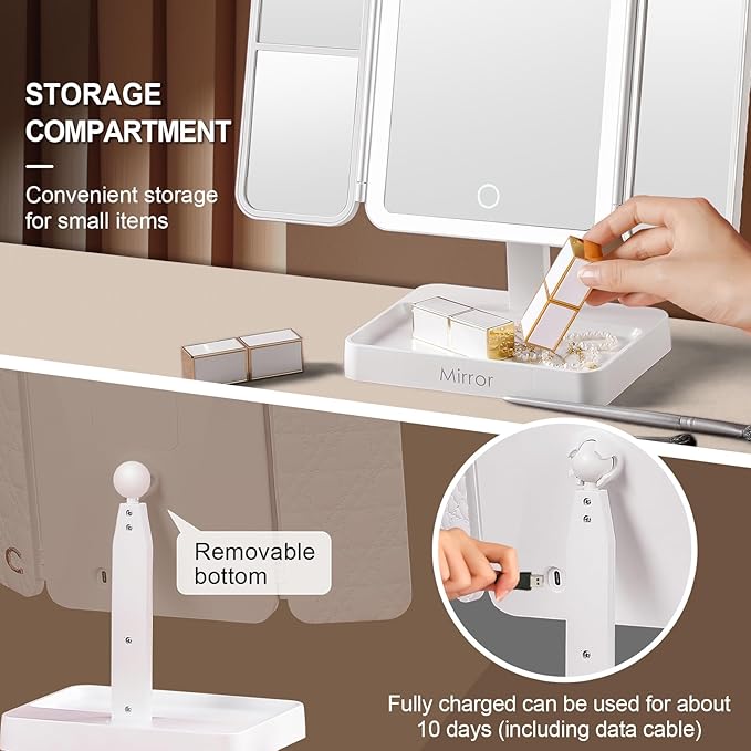 StellarHorizon Makeup Mirror Vanity with Lights, 83 LEDs, 360-Degree Uniform Fill Light, 3-Color Lighting, Touch Control, Trifold Makeup Mirror,Portable Led Travel Mirror，Women Gift