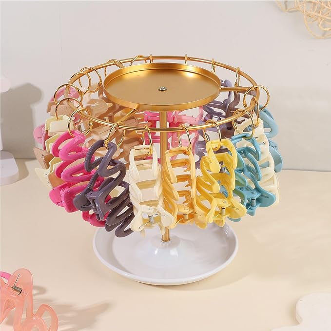 SNOWSTAR Claw Clip Organizer,Hair Clip Holder Stand with Tray, Hair Clip Storage Display Rack with 20 Golden Rings, Organizer Room Decor for Women and Girls