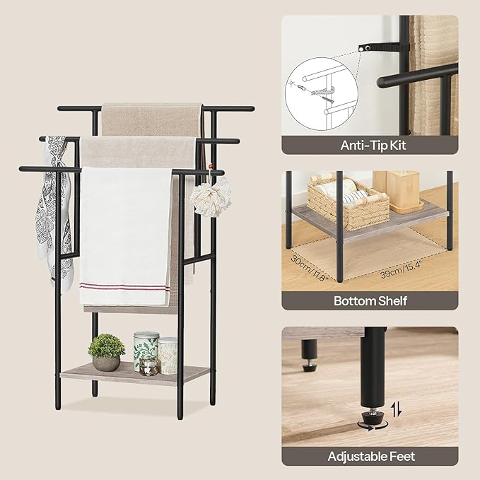 HOOBRO 39.4" Tall Freestanding Towel Rack for Bathroom, 3 Tier Stepped Blanket Rack with Shelf, Oversized Bath Towels Drying and Display Rack, Black and Rustic Brown BG50LB01