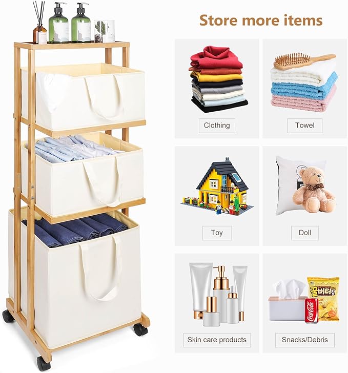 Homde Laundry Basket 3 Tier Bamboo Storage Shelf with Wheels Removable Container with Handle Freestanding Clothes Hamper Organizer for Bathroom Living Room Bedroom (Natural)
