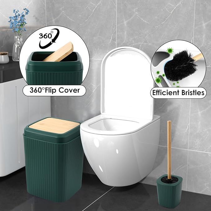 Green Bathroom Accessories Set 8 Pieces Bamboo Bathroom Set with Trash Can, Soap Dispenser, Soap Dish, Toothbrush Holder, Toothbrush Cup, Toilet Brush and Qtip Holders