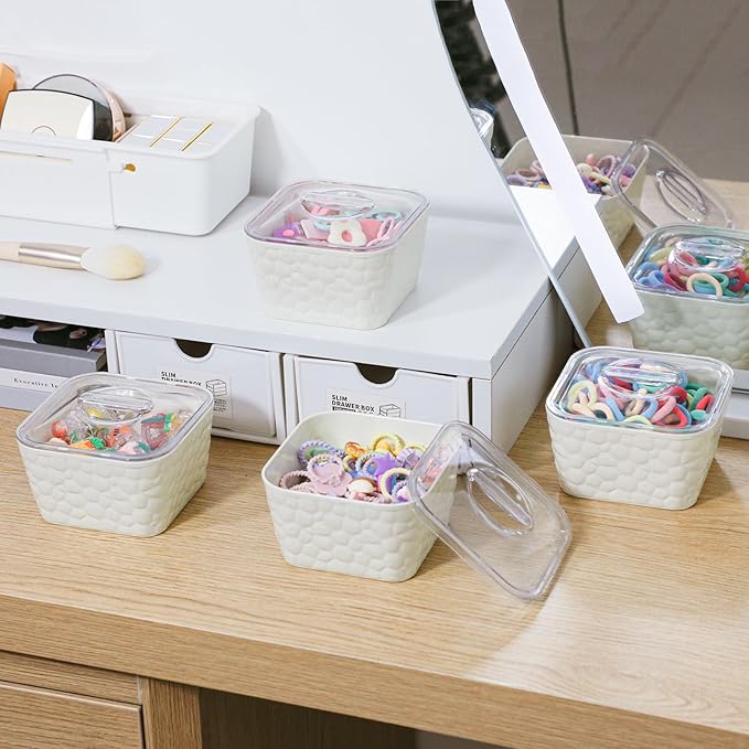 FABROK 4 Pack Hair Accessory Organizer, Clear Hair Tie Holder with Lids, Desk Organizer Case for Hair Tie, Cotton Swab, Cables, Stationery(Cream)