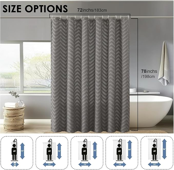 OVZME Boho Grey Bathroom Shower Curtain 78 Inches Long, Modern Farmhouse Boho Style Fabric Tufted Chevron Striped Texture Washable Shower Curtain for Bathroom, 72Wx78L Inches