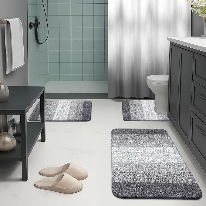 Britimes Grey Stripes Bathroom Sets with Shower Curtain and Rugs, Ombre Modern Abstract Vintage Waterproof Shower Curtain Liner and Soft Non Slip Bath Mat for Bathroom Decor and Accessories Hooks