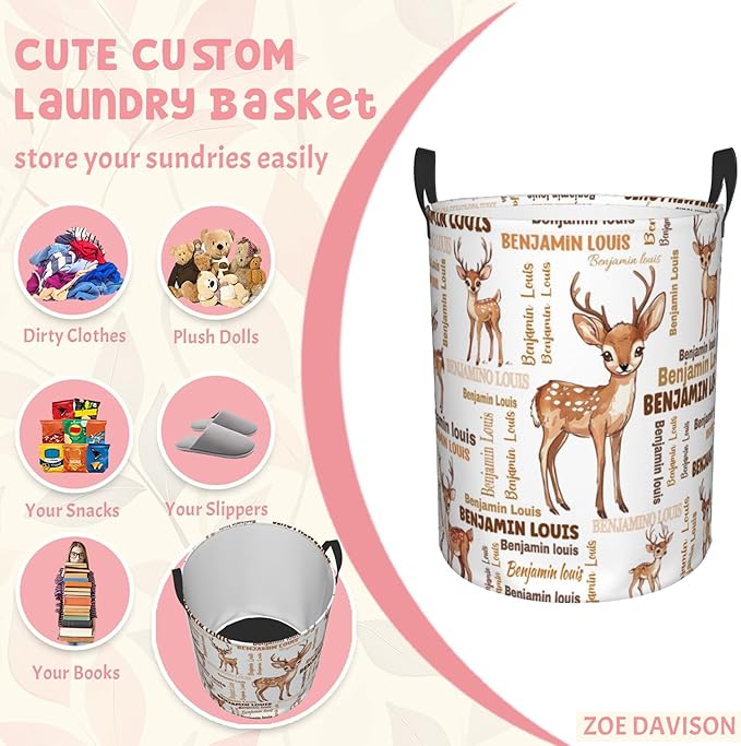 ZOE DAVISON Custom Deer Laundry Baskets, Personalized Deer Gifts with Customized Name, Collapsible Laundry Hamper for Kids Adults Home Decoration,16.5 X 13.8in