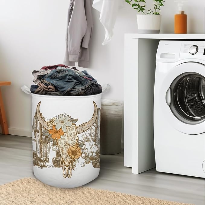 Western Laundry Basket, Vintage Western Floral Bull Skull Waterproof Collapsible Laundry Hamper Dirty Clothes Storage Toy Bin Organizer for Western Bathroom Bedroom, Western Home Decor