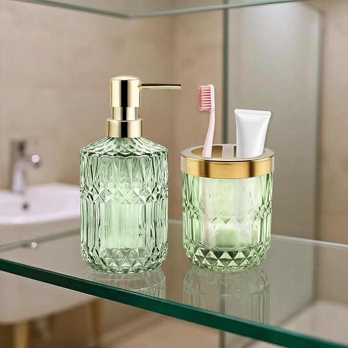 2Pcs Green Bathroom Accessories Set, Glass Bathroom Accessories, Vintage Bathroom Countertop Decoration Includes Soap Dispenser, Toothbrush Holder