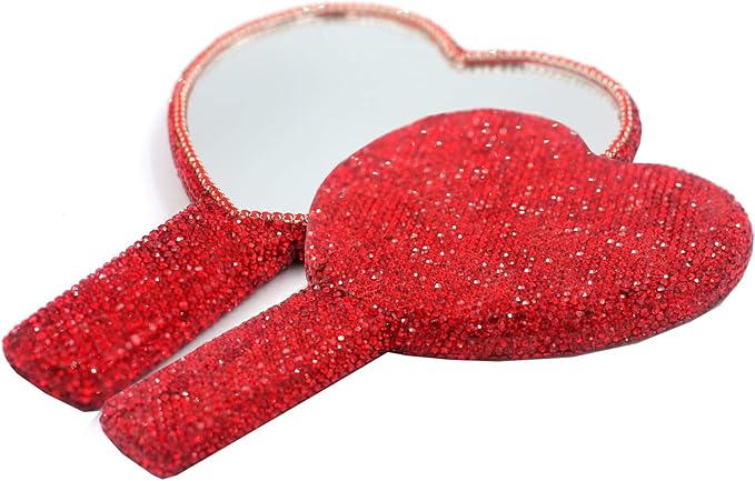 Bling Rhinestone Heart Handheld Mirror - Portable & Dazzling Makeup Mirror for On-The-Go Touch-ups (Plastic red)