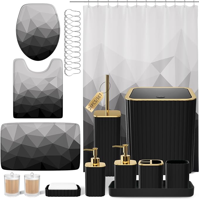 XLHOMO Bathroom Accessory Set - 26PC Bathroom Shower Curtain and Rug Set, Bathroom Accessories Set, Black Bathroom Set with Trash Can, Toilet Brush, Qtip Holder & Soap Dispenser