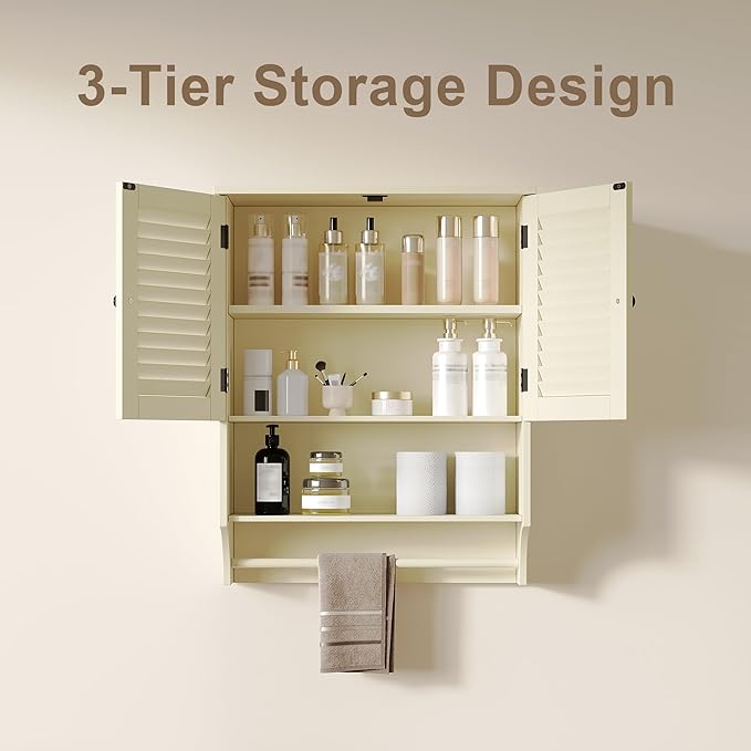 ChooChoo Bathroom Wall Cabinet with Towels Bar, 23.6" L x 8.8" W x 29.5" H MDF Material Medicine Cabinet, 2 Doors Over The Toilet Space Saver Storage Cabinet with Large Space, Cream Yellow
