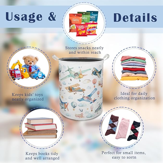 Baby Airplanes Laundry Basket Hamper, Space Kids Nursery Decor, Hot Air Balloon Foldable Clothes Toys Books Storage Box Bins Baskets Organizer for Kids Boys Bedroom Playroom Bathroom