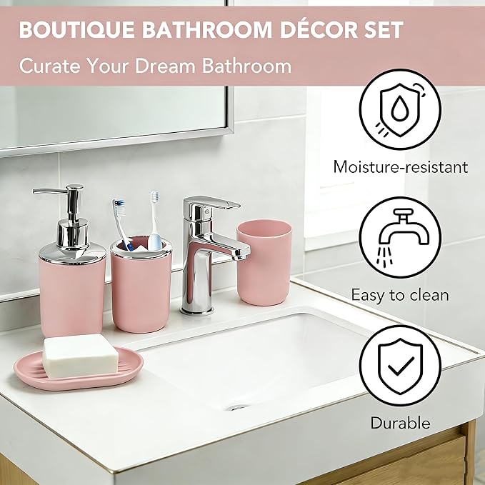 Matte Pink Bathroom Accessories Set, 4 Piece Plastic Bathroom Toothbrush Holder Set, Include Soap Dispenser, Toothbrush Holder, Rinse Cup, Soap Dish, Boho Pink Bathroom Decor for Home, Bathroom Set