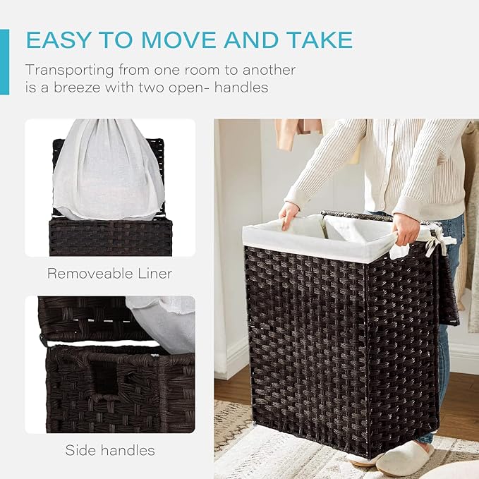 Paylesshere Laundry Hamper Handwoven Laundry Basket 90L/110L Foldable Rattan Laundry Hamper With Lid,2 Removable Liner Bags & 6 Laundry Bags,Clothes Hamper for Bathroom, Brown