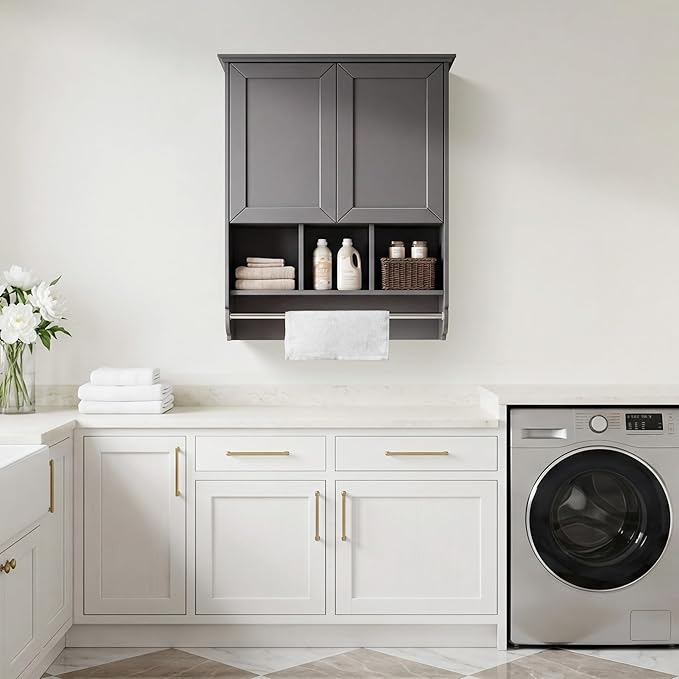 VANIRROR Bathroom Wall Cabinet with Towel Bar,Wooden Medicine Cabinet Adjustable Shelves,23x32 Inch Kitchen Cabinet,Over Toilet Storage Cabinet for Bathroom,Kitchen,Laundry
