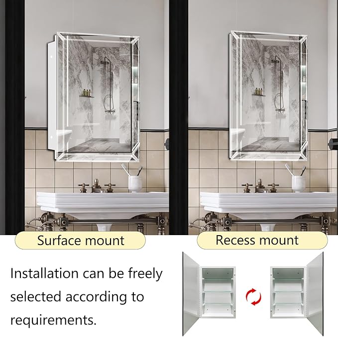 Frameless Bathroom Medicine Cabinet with Beveled Edge Mirror,Surface/Recessed Mount Vanity Storage Cabinet for Bathroom,24x36 Inch