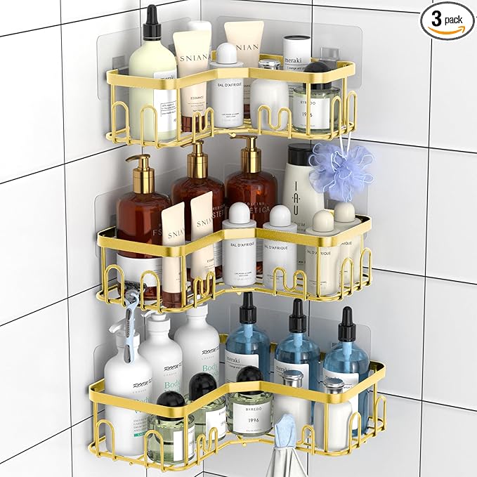 Menbyci 3 Pack Corner Shower Caddy, Adhesive Bathroom Shelves with 18 Hooks, Drill-Free & Quick-Dry Shower Organizer with Large Capacity, Rustproof Stainless Steel Bathroom Corner Storage Rack, Gold