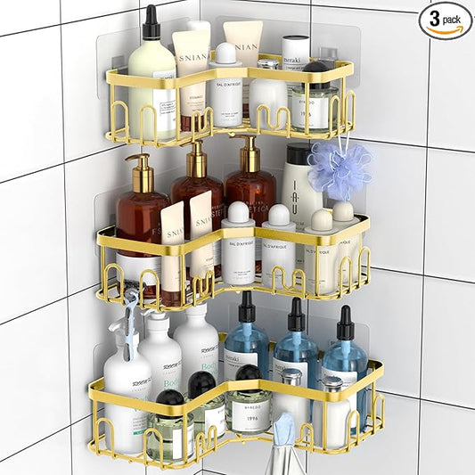 Menbyci 3 Pack Corner Shower Caddy, Adhesive Bathroom Shelves with 18 Hooks, Drill-Free & Quick-Dry Shower Organizer with Large Capacity, Rustproof Stainless Steel Bathroom Corner Storage Rack, Gold