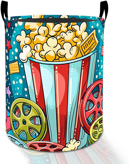 Popcorn Movie Night Laundry Basket Hamper for Boys Girls Kids Adults, Foldable Waterproof Oxford Clothes Storage Bin, Cinema Organizer for Bedroom Bathroom Room Decor 19.7"x15.8"