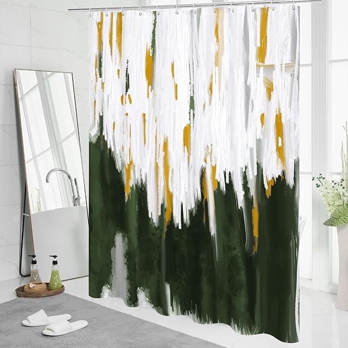 MitoVilla Olive Green Shower Curtains for Chic Modern Abstract Bathroom Decor, Graffiti Vintage Fabric Cloth Shower Curtain, Brush Strokes Oil Painting Style, 72 x 72