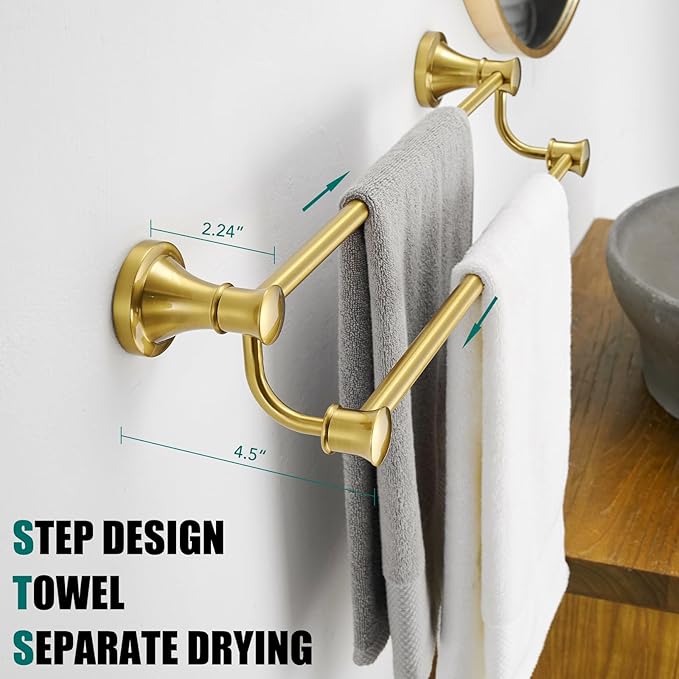 Hoimpro Adjustable Retractable 15-27 Inches Stainless Steel Bathroom Towel Bar, Bathroom Accessories Bath Hotel Double Towel Bar Rod Hanger Wall Mounted Towel Holder Towel Rack, Brushed Gold