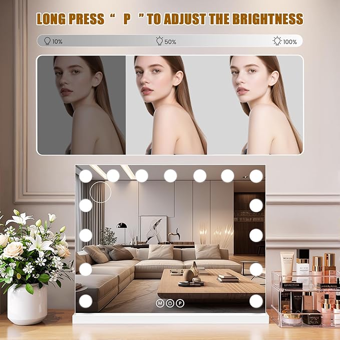 Vanity Mirror with Lights, 23"×18" Large Hollywood Makeup Mirror with 15 Dimmable Bulbs, 3-Color Lighting, Dimmable, 10x Magnification, Desk Mirror, Bedroom (White)