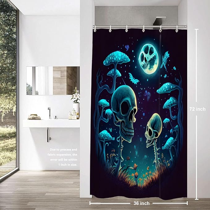 Shrahala Happy Halloween Funny Decorative Shower Curtain, Skeletons Grass Mushrooms Starry Sky Bathroom Décor Polyester Fiber Waterproof with Plastic Rings for Shower Stall Bathtubs 72 x 36 in