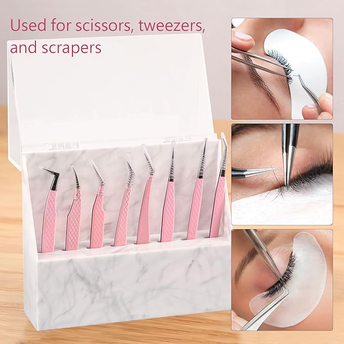 8 Holes Dust proof Tweezer Storage Rack,Acrylic Tweezer Display Stand Holder Eyelash Extension Supplies Lash Accessories Tools (Marble White)