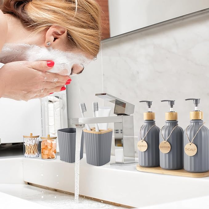 Grey Bathroom Accessories Set 17PCS Bathroom Set with Trash Can 3PCS Lotion Soap Dispenser, Toothbrush Holder, Soap Dish,Tumbler Cup,6PCS Wood Tags Bath Accessories with Tray for Bathroom