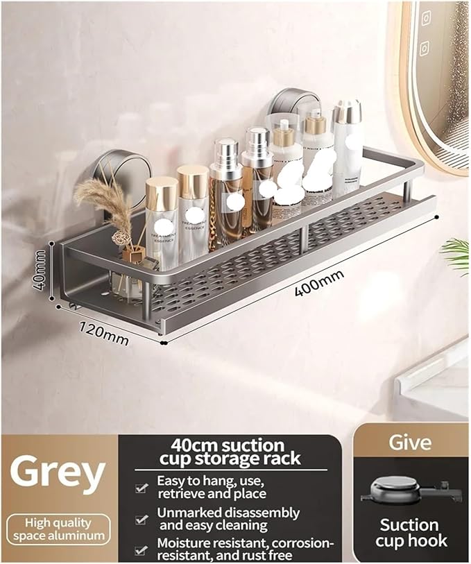 No Drill Suction Cup Suction Bathroom Rack Bathroom Shelf Toilet Space Aluminum Hanging Rack Bathroom Organizer Hang On The Wall(Grey layer 40cm)
