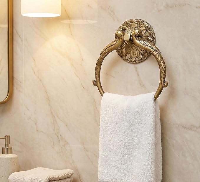 7.5" Inches - Brass Hand Towel Hanger Holder | Hand Towel Hanger Holder | Towel Holder for Bathroom in Twin Peacock Design