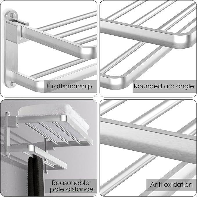 BOZWELL Bathroom Lavatory Towel Rack with Two Towel Bars,Brushed Satin Nickel 24-Inch Towel Shelf with Towel Bar,Towel Holder 1011-BSN-60 (Brushed Satin Nickel Finish)