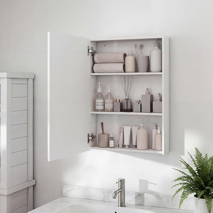 Panana Wall Mounted Bathroom Medicine Cabinet with Mirror, Single Mirrored Door, Adjustable Storage Shelves, Bathroom Wall Storage Organizer (White, 15.7x23.6 inch)