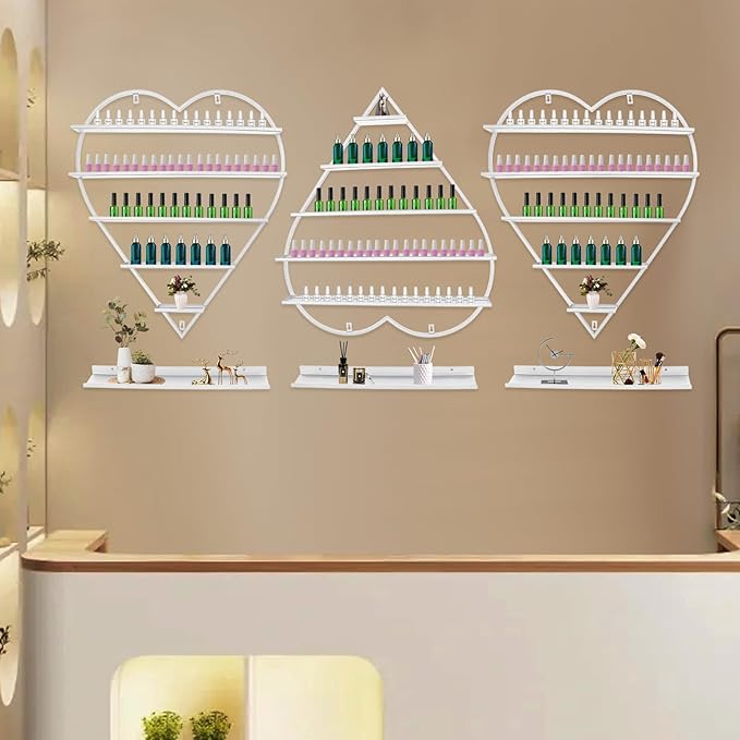 Nail Polish Display Racks 6pcs Metal Solid Color 5 Tiers Nail Polish Shelf Elegant Wall-Mounted Heart-Shaped Perfume Wall Shelf for Lipstick Perfume Nail Polish Essential (White)