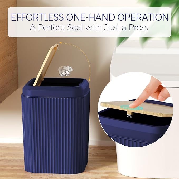 Bathroom Accessories Set - Unbreakable Navy Blue Bathroom Set, Trash Can, Toilet Brush with Holder, Soap Dispenser, Toothbrush and Toothpaste Holder, Tumbler Cup, Soap Dish, Qtip Holder, Bamboo Decor