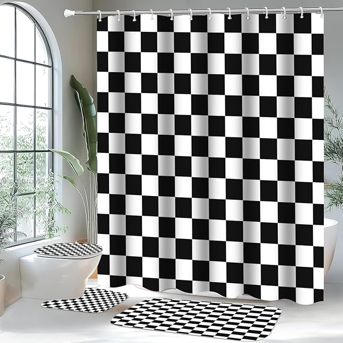 4 PCS Checkered Shower Curtain Sets Fun Gingham Bathroom Sets Soft Non Slip Bath Rugs Toilet Cover U-Shaped Mat Retro Bright Waterproof Shower Curtains with 12 Hooks for Tub Toilet, Black