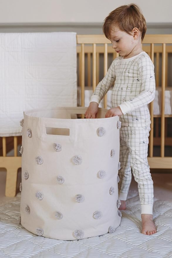 PEHR Pom Pom Basket, Grey Hamper | 100% Cotton Canvas Storage for Nursery, Playroom & Home | Decorative Organizer | 18" D x 20" H