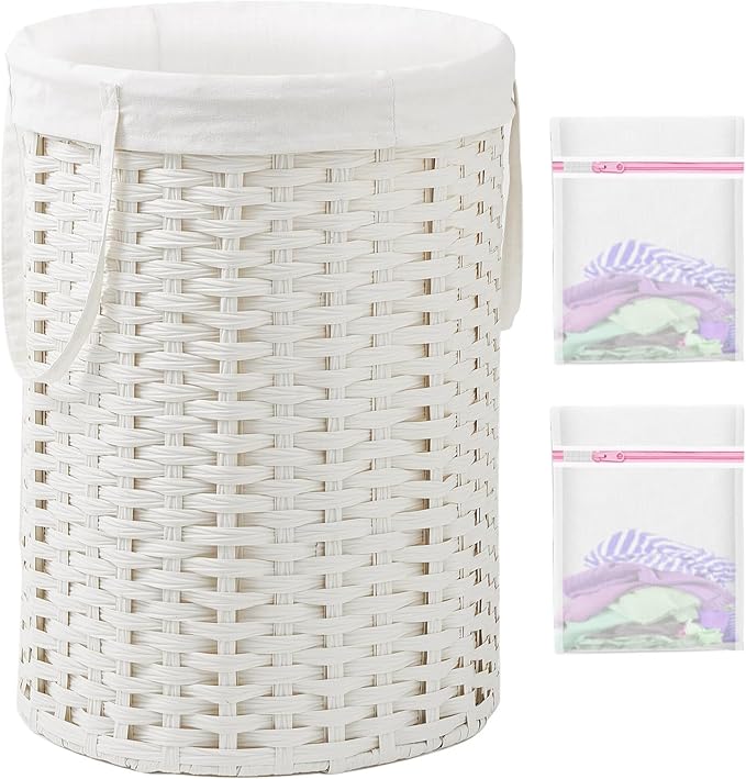 SETVSON Laundry Basket Round Rattan Laundry Hamper 29.1 Gal(110 L) Handwoven Large Wicker Basket with Handles, Wicker Hamper with Removable Bags and 2 Mesh Bags for Bathroom Living Room White(No Lid)