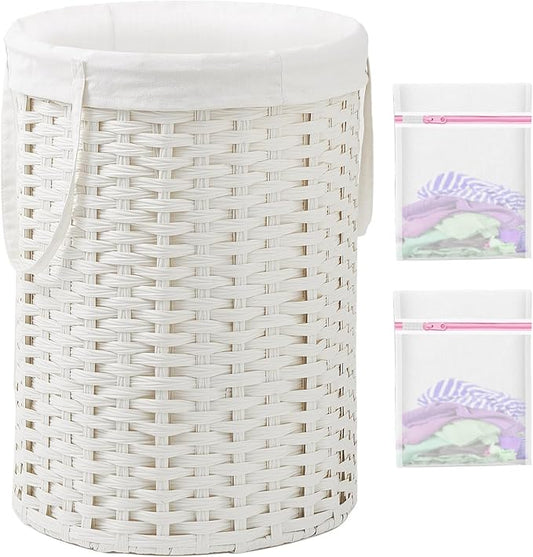 SETVSON Laundry Basket Round Rattan Laundry Hamper 29.1 Gal(110 L) Handwoven Large Wicker Basket with Handles, Wicker Hamper with Removable Bags and 2 Mesh Bags for Bathroom Living Room White(No Lid)