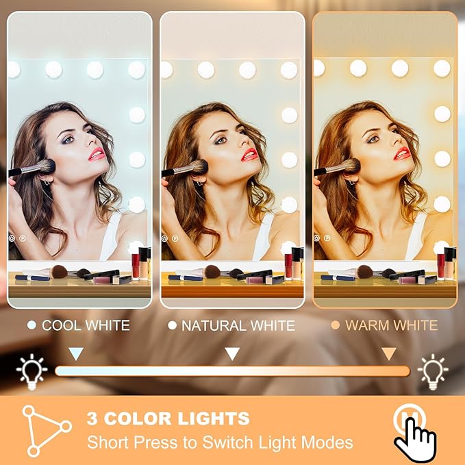 Moonee Vanity Mirror with Lights, Hollywood Lighted Makeup Mirror with 15 Dimmable Bulbs and 10X Magnification, 3 Colors Modes, Light Up Mirror, Gifts for Women, Girls,Dorm Room Essentials（23" x 18"）
