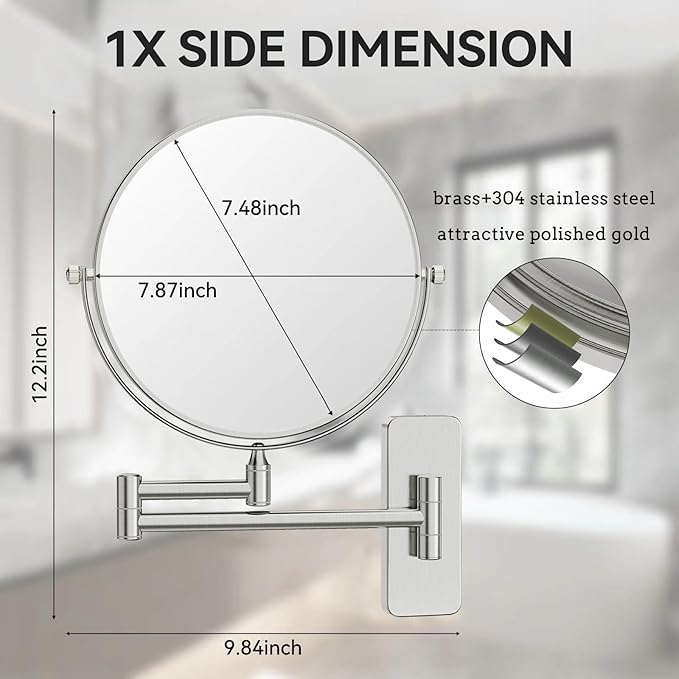 Nicesail Wall Magnifying Mirror Double-Sided, Make up Mirror for Bathroom Vanity Magnifying Wall Mount Makeup with 10X Magnification, Mountable Shaving Mirror Brushed Nickel Finish(8 Inch, 10X)