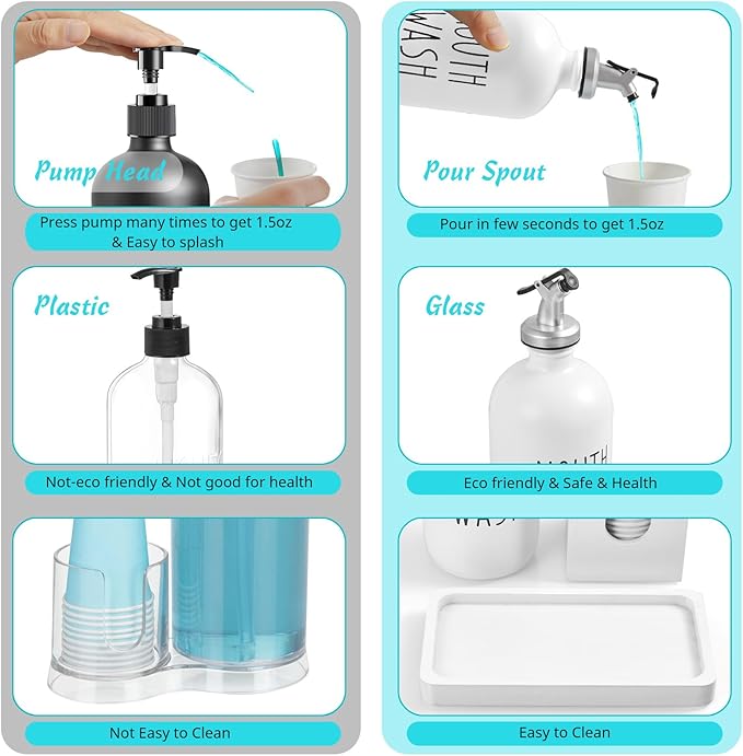 Glass Mouthwash Dispenser for Bathroom, 16 OZ Mouthwash Dispenser with Pour Spout and Wood Cup Holder and Tray, Mouth Wash Bottle Container, Farmhouse Kitchen Bathroom Decor and Accessories, White