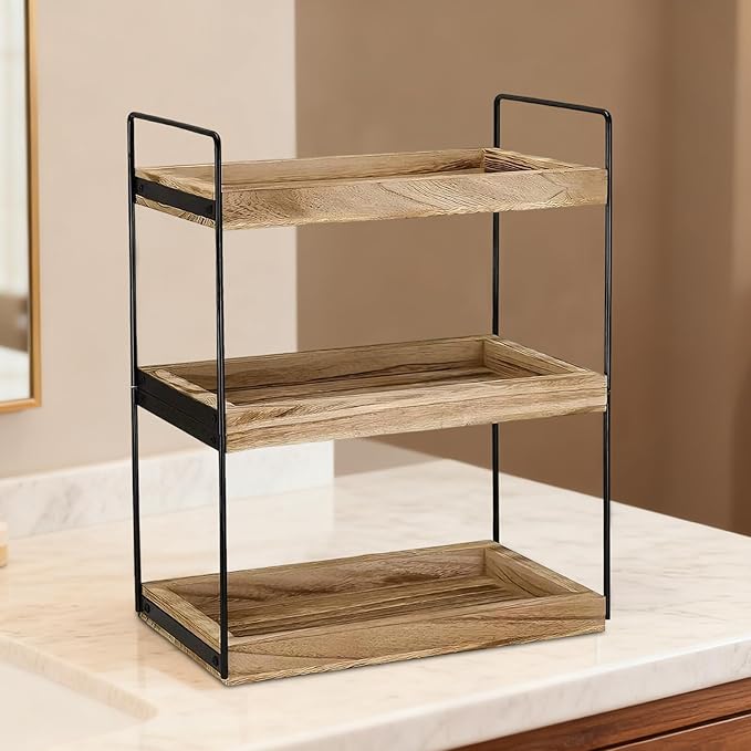 Counter Shelf, 3-Tier Wood & Metal Shelf, Bathroom Countertop Organizer, Vanity Organizers, Makeup Organizers for Bedroom, Bathroom, Kitchen, 6.7 X 13 X 17.3 in