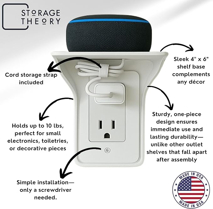 BeraTek Industries Power Perch Outlet Shelf - Bathroom Shelving for Electric Toothbrush, Alexa Stand - 2pk Singe and 2pk Double - White